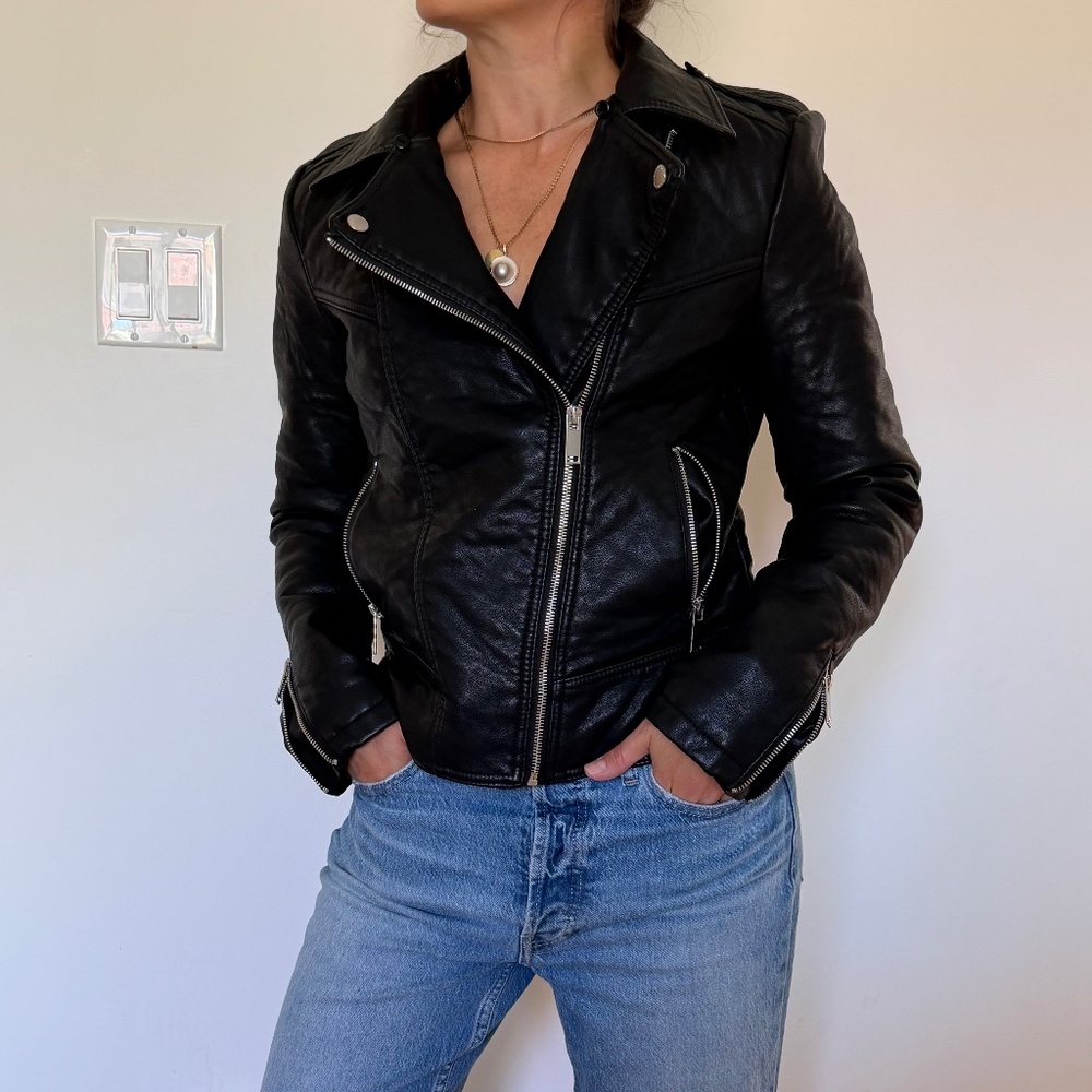 French Connection Black Faux Leather Moto Jacket with Zipper